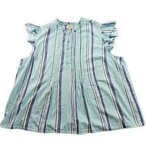 St. John's Bay Blouse Top Womens 2X Blue Striped Pintuck Ruffle Sleeve Popover